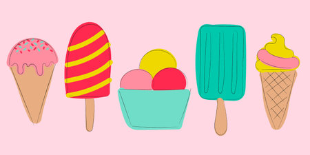 Cartoon ice cream set. Colorful hand drawn illustration. Elements for menu, invitation, poster and...