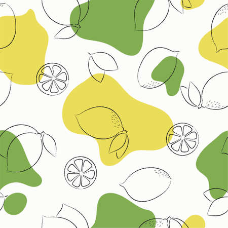 Lemon fruit seamless pattern. Contour hand drawn illustrationのイラスト素材