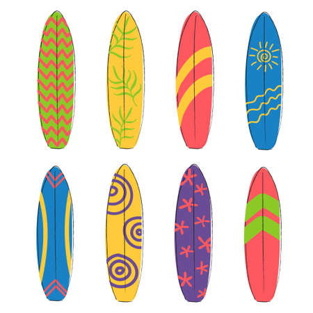Set of surfing boards isolated on white background. Line drawn surfboards in flat style.のイラスト素材