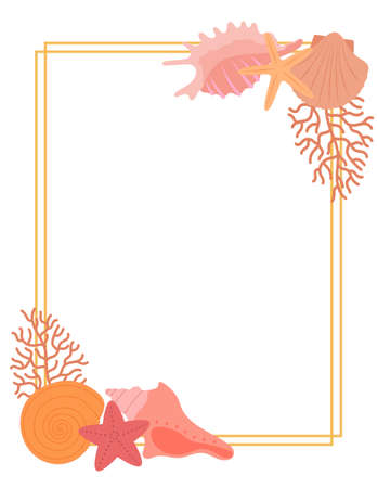 Frame with seashell, coral and starfish on white backgroundのイラスト素材