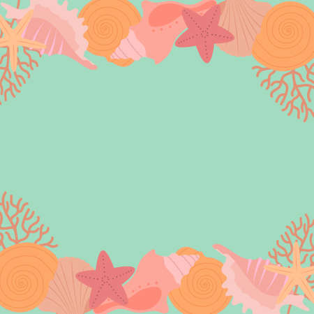 Seashells, corals and starfish on blue background.のイラスト素材