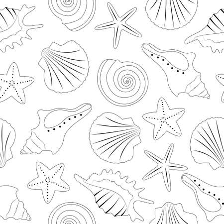 Different types of seashell and starfish seamless pattern. Line art. Great for fabric, textile, wrapping paperのイラスト素材