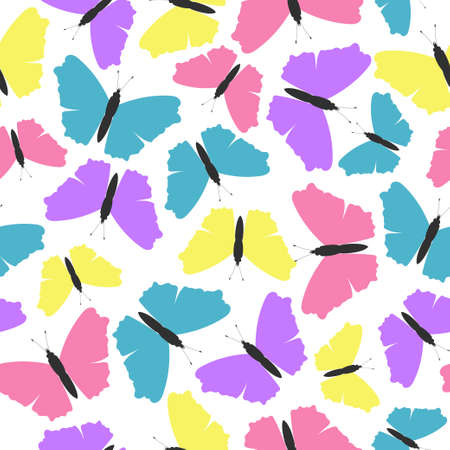 Colorful butterfly silhouette on white background. Seamless patternのイラスト素材