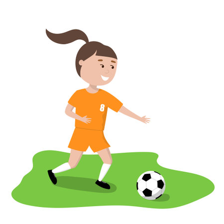 Girl playing football. Cartoon character. Flat illustrationのイラスト素材
