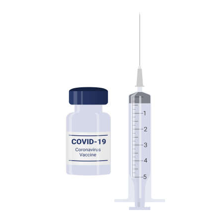 Covid19 coronavirus vaccine bottles and syringe injection. Flat illustrationのイラスト素材