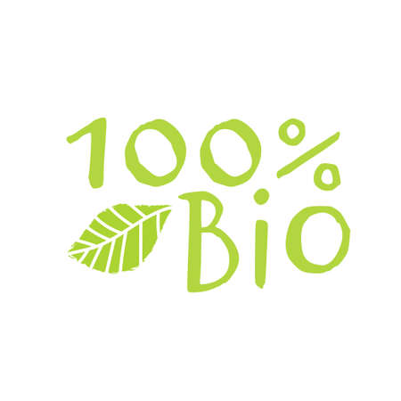 Green Bio label with leaf. Isolated vector illustration on white backgroundのイラスト素材