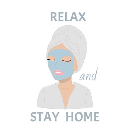 Relax and stay home. Young woman in cosmetic mask with a towel on her headのイラスト素材