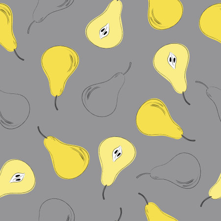 Seamless pattern of pears in illuminating yellow pantone color of the year 2021 on ultimate gray...