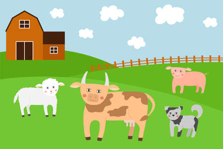 Cute farm animals with landscape. Cartoon domestic animalsのイラスト素材