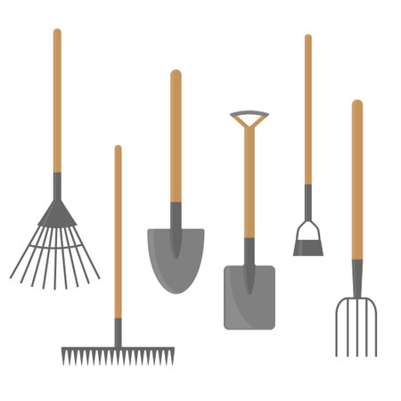 Set of garden equipment. Rake, fork, spade, shovel and hoe. Flat vector isolated illustrationのイラスト素材