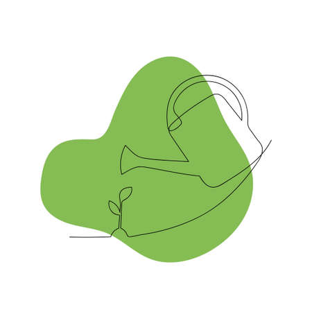 Hand drawn one line watering can and a plant with green shape. Plant care. Thin line illustration.のイラスト素材