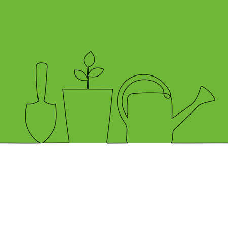 Hand drawn one line watering can, hand trowel and a plant in flowerpot. Green and white background with place for your text. Plant care. Thin line illustration.のイラスト素材
