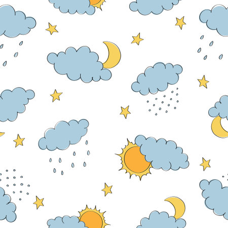 Simple childrens pattern with clouds, sun and moon. Seamless pattern with rain and snow. Background for poster, cover booklet, banner, surface design.のイラスト素材
