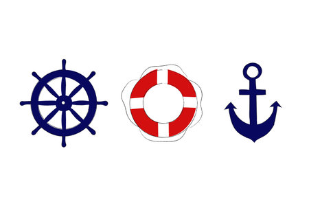 Set of hand drawn life bouy, rudder and anchor isolated on white background