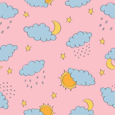 Seamless pattern with clouds, sun and moon, rain and snow on pink background. Background for poster,...