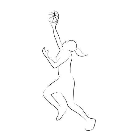 Woman playing backetball. Abstract silhouette of a basketball player on white background. Line art.のイラスト素材