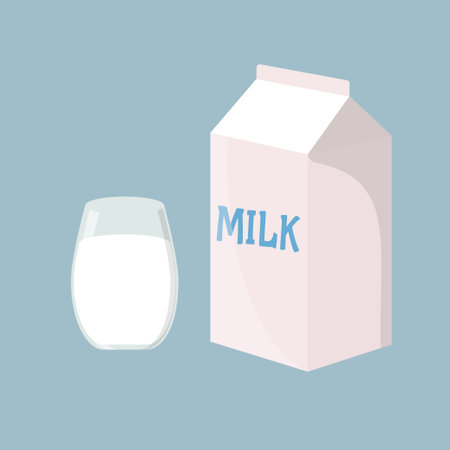 Carton of milk and glass of milk. Vector illustration isolated on blue backgroundのイラスト素材