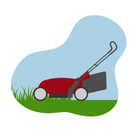 Lawn mower cutting green grass. Concept of gardening service. Template for lawn mowing service. Flat vector isolated illustrationのイラスト素材