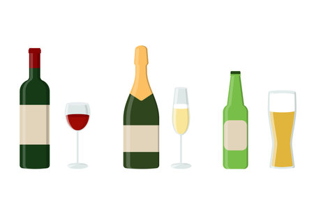 Alcohol drinks set. Wine, champagne and beer. Bottles and glasses collectionのイラスト素材