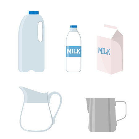 Different containers with milk. Collection of glass, jug, carton and bottles in cartoon style.のイラスト素材