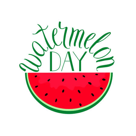 National Watermelon Day. Tropical print. Watermelon slice illustration. Hand drawn vector lettering.のイラスト素材