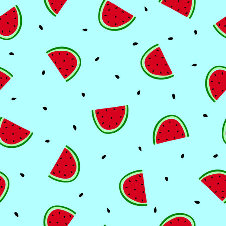 Hand drawn doodle fruit on blue background. Watermelon slices seamless pattern. Bright summer...