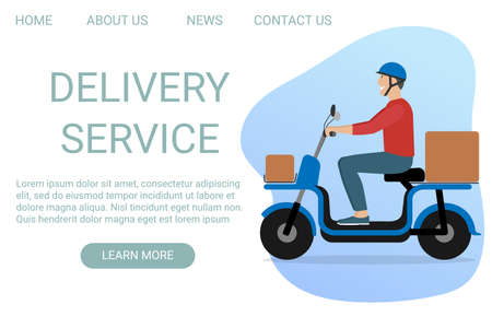 Delivery service. Man riding electric bike scooter with boxes. Landing page web template. E-commerce concept.のイラスト素材