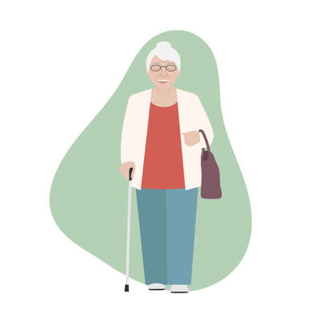 Senior woman walking with cane and bag.のイラスト素材