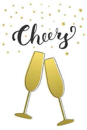 Champagne glasses and Cheers lettering. Template for greeting card, celebration, holiday, new year, wedding partyのイラスト素材