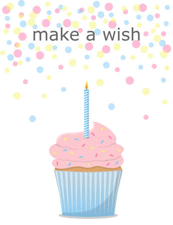 Birthday greeting card with colorful cupcake and candle. Make a Wishのイラスト素材