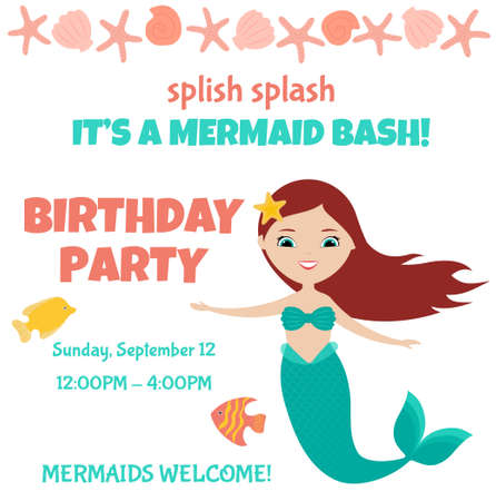 Splish splash, its a mermaid bash. Birthday party invitation with cute mermaid on white background. Seashell, starfish and fishes. Flat style design.のイラスト素材