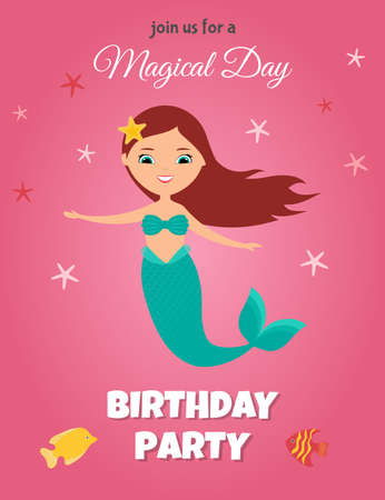 Birthday party invitation with cute mermaid on pink background. Flat style design.のイラスト素材