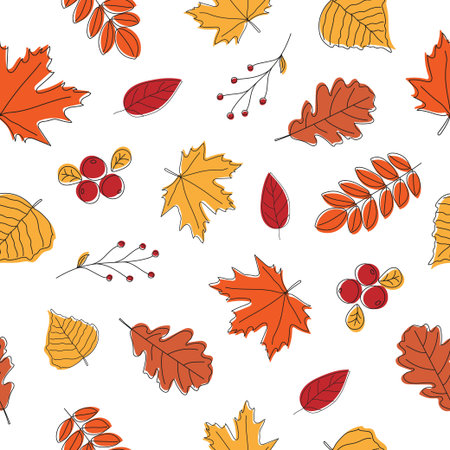 Seamless pattern of autumn leaves on white background. Line art colorful leaves. Doodle style. Background for nature, eco and autumn designのイラスト素材