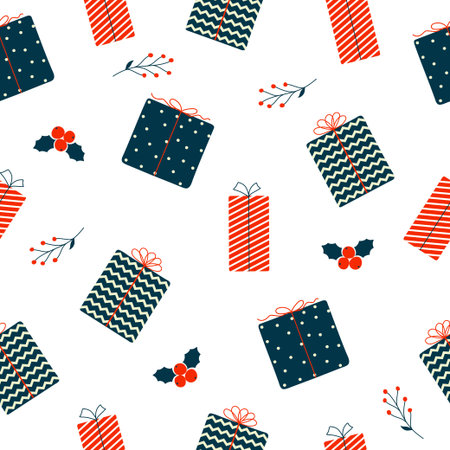 Christmas and New Year seamless pattern. Colorful gift boxes and mistletoe on white background....