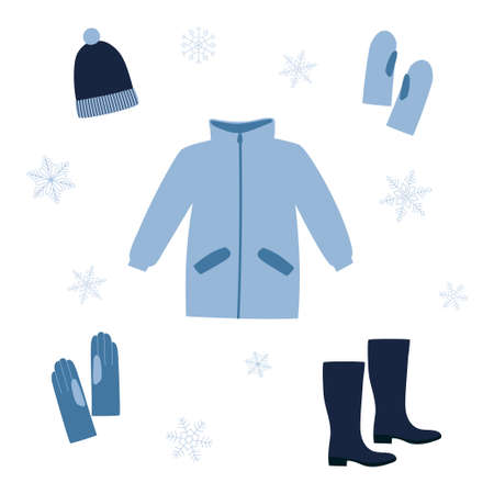 Set of winter clothes. Blue winter coat, hat, boots, mittens and gloves. Warm clothes elements. Doodle style.のイラスト素材
