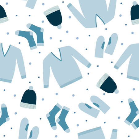 Seamless pattern of winter clothes. Sweater, mittens, hat and socks. Doodle style. Flat design.のイラスト素材