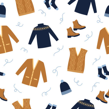 Seamless pattern winter clothes. Blue sweater, boots, socks, waistcoat and cardigan on white background. Doodle style.のイラスト素材