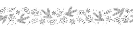 Seamless Christmas border with winter plants and berries. Mistletoe, holly, pine branch and snowflake. Line art.のイラスト素材