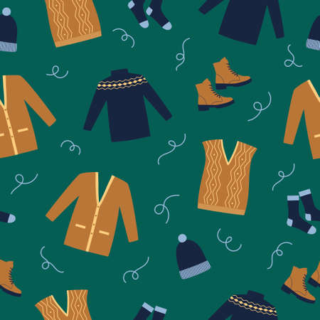 Seamless pattern winter clothes. Blue sweater, boots, socks, waistcoat and cardigan on blue background. Doodle style.のイラスト素材