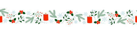 Colorful Christmas border with winter plants and berries. Mistletoe, holly, pine branch and snowflake.のイラスト素材