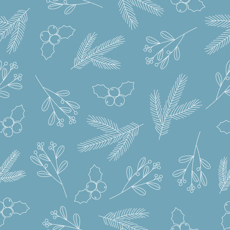 Seamless Christmas pattern with winter plants and berries. Line art. Mistletoe, holly and pine...