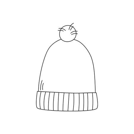 Winter hat. Knit wool beanie with pompom. Doodle style. Line artのイラスト素材