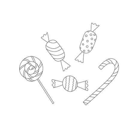 Set of contour candies. Lollipop, candy cane. Line art. Doodle style.のイラスト素材