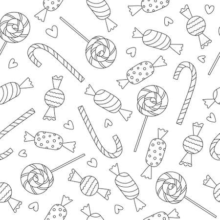 Seamless pattern with contour candies on white background. Lollipop, candy cane. Line art. Doodle style.のイラスト素材