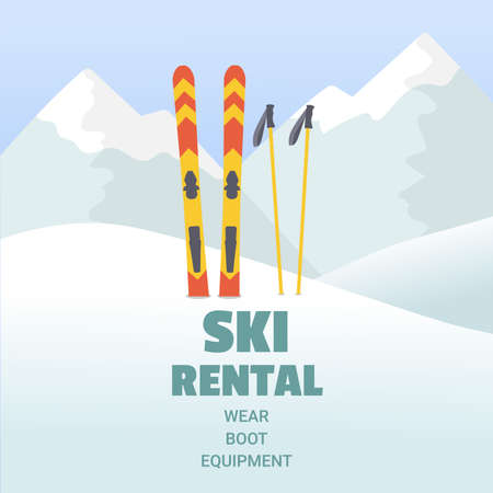 Ski rental template. Mountains, ski and ski poles. Winter sportのイラスト素材