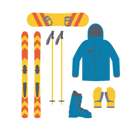 Skiing and snowboarding set equipment. Winter sport collection. Elements for ski resort picture, mountain activities. Flat style.のイラスト素材