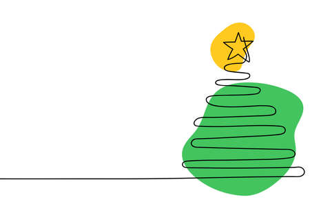 Christmas tree with star one line drawing, green and yellow abstract shapes. Abstract minimal style.のイラスト素材