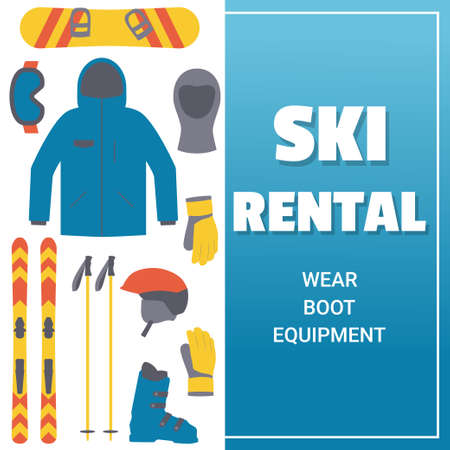 Ski rental template. Skiing and snowboarding equipment. Winter sportのイラスト素材