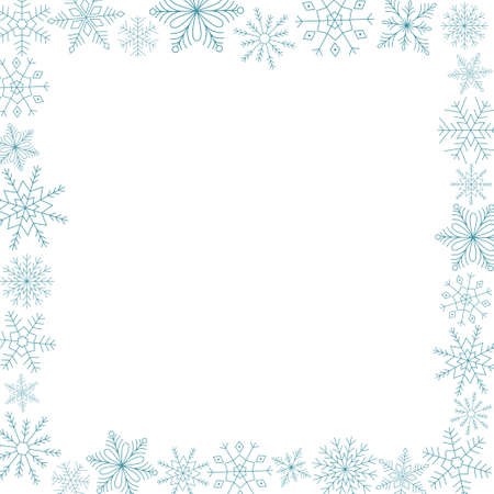 Frame of blue snowflakes. Line art. Ice crystal winter symbol. Template for winter design.のイラスト素材