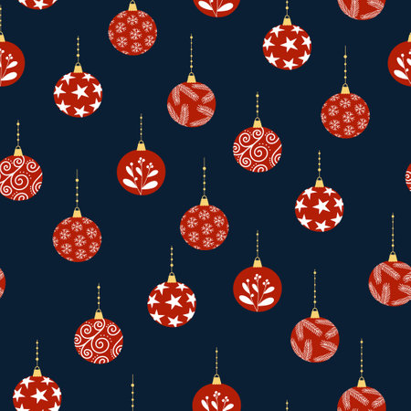 Seamless pattern of red decorated Christmas balls on dark blue background. Background for winter festive design.のイラスト素材